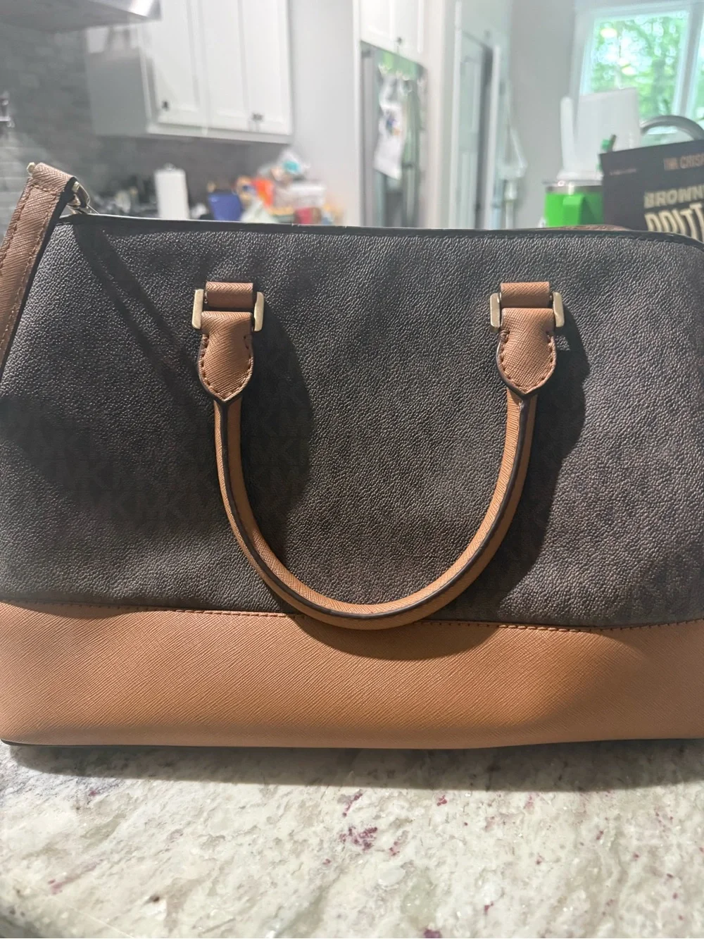 Michael Kors Brown & Tan Logo Satchel with Gold MK Charm